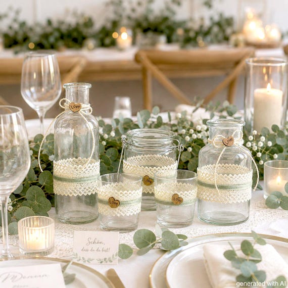 Vasen Windlicht Teelicht Hochzeit Vintage Tischdeko Spitze Salbei Deko Geburtstag SET 5-Teilig