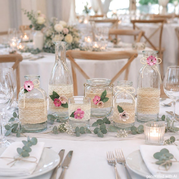 Vintage Deko mit Vasen und Windlicht – Spitze & Rosa Blüten Hochzeit Geburtstag Tischdeko SET 6-Teilig CLARA