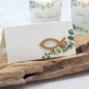 10 Tischkarten Namenskarten Weiß Eukalyptus Salbei Fisch Holz Gold Tischdeko Kommunion Konfirmation