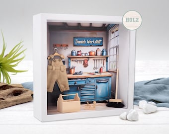 Geschenkrahmen Holz Bilderrahmen Geldgeschenk Gutschein Werkstatt Garage Hobbyraum Bastelraum PERSONALISIERT