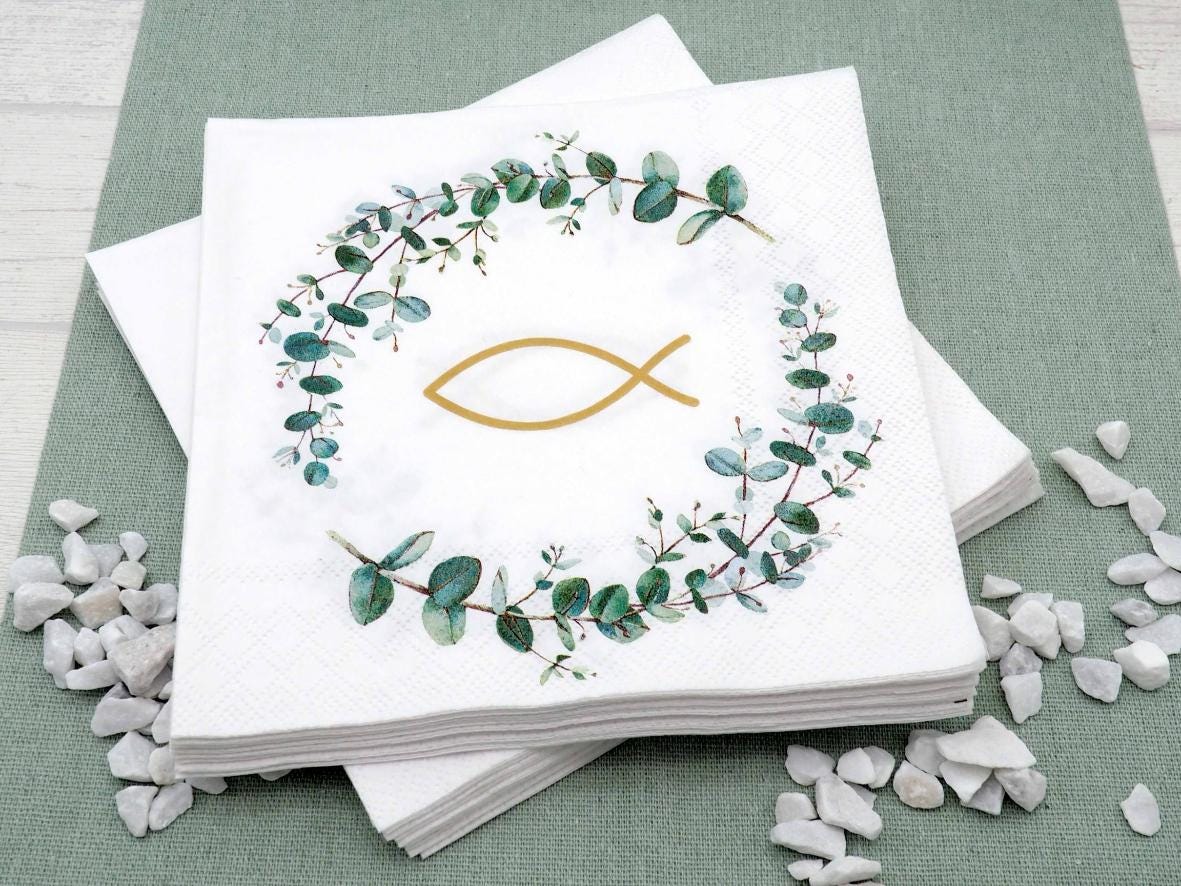 20 Servietten 'Schön, DASS Du Da Bist!' - Fisch & Eukalyptus Design Für Taufe, Kommunion, Konfirmation