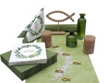 Tischdeko Eukalyptus Creme Olive Gold Kommunion Konfirmation SET 20 Personen