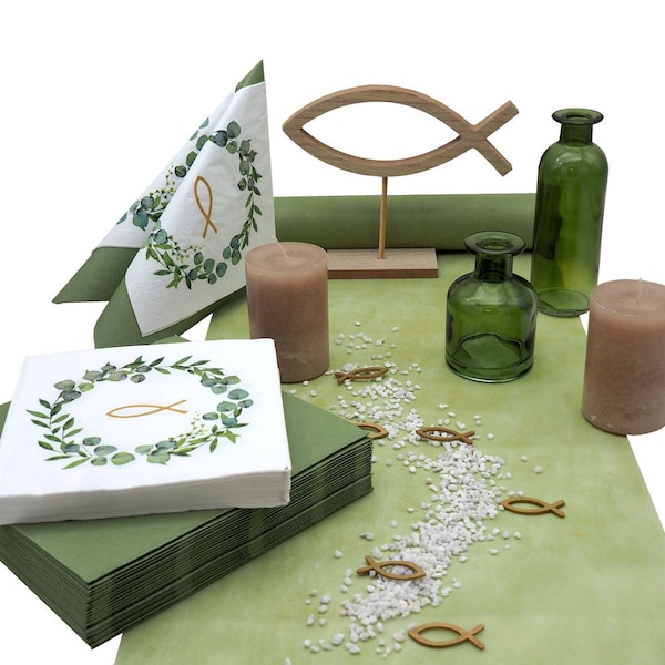 Tischdeko Eukalyptus Creme Olive Gold Kommunion Konfirmation SET 20 Personen