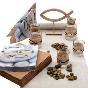 Tischdeko Kommunion Konfirmation Natur Braun Fisch Stein Holz SET 20 Personen
