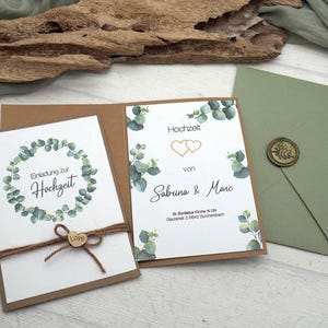 Einladungskarte Hochzeit mit Briefumschlag Personalisiert Eukalyptus Olive Kraft