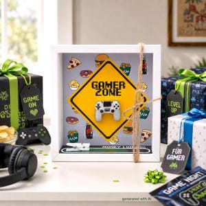 Könnte beinhalten: Ein weißer Schattenfugenrahmen mit einem gelben rautenförmigen Schild mit dem Text GAMER ZONE und einem silbernen Gamecontroller in der Mitte. Der Hintergrund zeigt verschiedene Lebensmittelsymbole und unten eine Ladebalkengrafik.