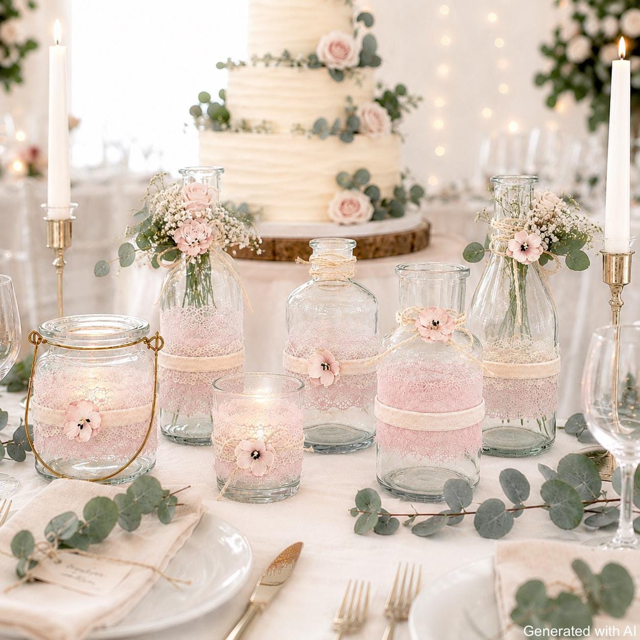 SET Deko Vasen Windlichter Hochzeit Tischdeko Boho Rosa Spitze 6-Teile