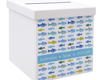 Briefbox Kartenbox MIT NAMEN Kommunion Konfirmation Fische Grün Blau