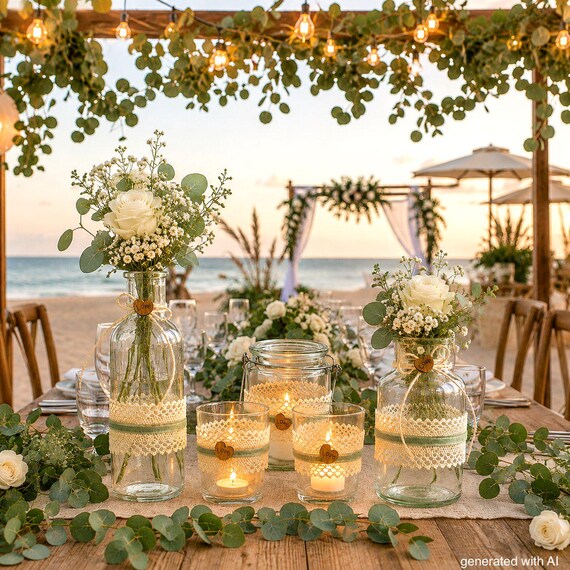 Vasen Windlicht Teelicht Hochzeit Vintage Tischdeko Spitze Salbei Deko Geburtstag SET 5-Teilig