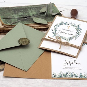 Einladungskarte mit Briefumschlag Personalisiert Kommunion Konfirmation Eukalyptus Olive Kraft Kreuz