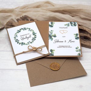 Einladungskarte Hochzeit mit Briefumschlag Personalisiert Eukalyptus Gold Kraftkarton