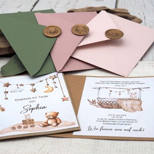 Einladungskarte mit Briefumschlag Personalisiert Taufe Geburt Hase Kraft Rosa Altrosa Olive