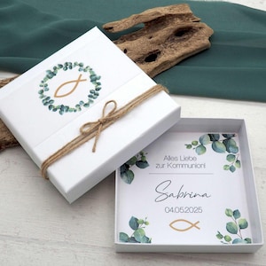 Geldgeschenk Verpackung Personalisiertes Geschenk Box Kommunion Konfirmation Weiß Fisch Eukalyptus