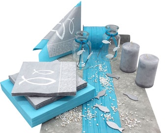 Table decorations for Communion/Confirmation, turquoise, blue, silver, white, grey, fish, set for 20 people
