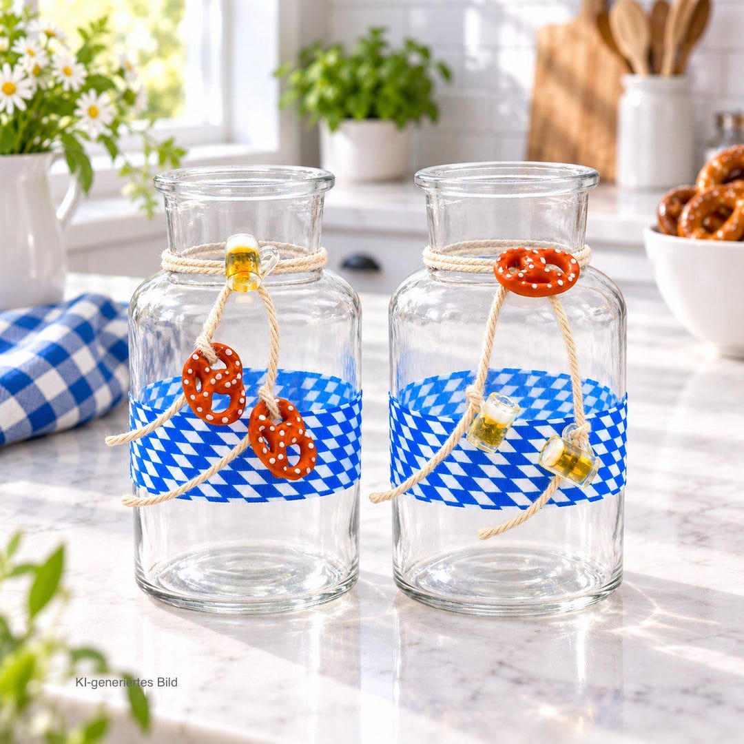 Vasen Oktoberfest Brezel Bierkrug Bayrisch Blau Tischdeko Deko Partydeko Geburtstag 2 Stück