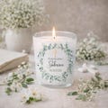 Personalized votive candle holder with eucalyptus cross design, perfect for communions, confirmations, or as a table decoration. 7.5 cm high.