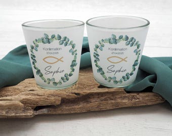 Windlicht Votiv Banderole Eukalyptus Fisch Gold Kommunion Konfirmation Tischdeko PERSONALISIERT 7,5cm H