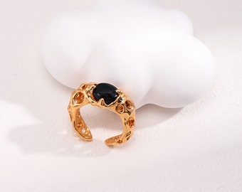 S925 Silver Vintage Gold Black Agate Ring