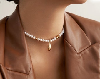 Golden Accent Teardrop Pearl Necklace - Vintage Gold S925 Silver Jewelry