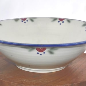 May include: A white ceramic bowl with a blue rim and decorative heart and dot pattern. The bowl is set on a wooden surface. The bowl's diameter is approximately 10 inches.