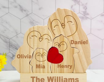 Rompecabezas de madera personalizado para la familia de pingüinos, rompecabezas con nombre familiar grabado, recuerdo familiar de pingüinos, regalo para niños, regalo para el Día de la Madre, decoración de madera