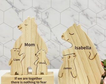 Rompecabezas personalizado de madera con diseño de oso familiar grabado - Ideas de regalos familiares - Familia de osos de madera - Regalo para niños/papá/mamá - Regalo para el Día de la Madre