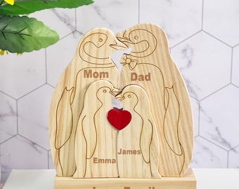 Rompecabezas familiar de madera personalizado con pingüinos, rompecabezas con nombre grabado, recuerdo familiar, regalo para niños, regalo para el Día de la Madre o del Padre, decoración de madera.