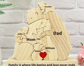 Rompecabezas personalizado de madera con diseño de familia de osos - Rompecabezas con nombre familiar grabado - Regalo de recuerdo familiar - Familia de osos de madera - Regalo para el Día de la Madre - Regalo para el Día del Padre