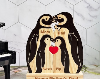Rompecabezas familiar de madera personalizado con pingüinos, rompecabezas con nombre grabado, recuerdo familiar, regalo para niños, regalo para el Día de la Madre o del Padre, decoración de madera.