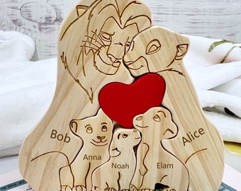 Personalized lion family members wooden puzzle, Father's Day gift that can be engraved, family gift decoration full of love, Bedroom decor