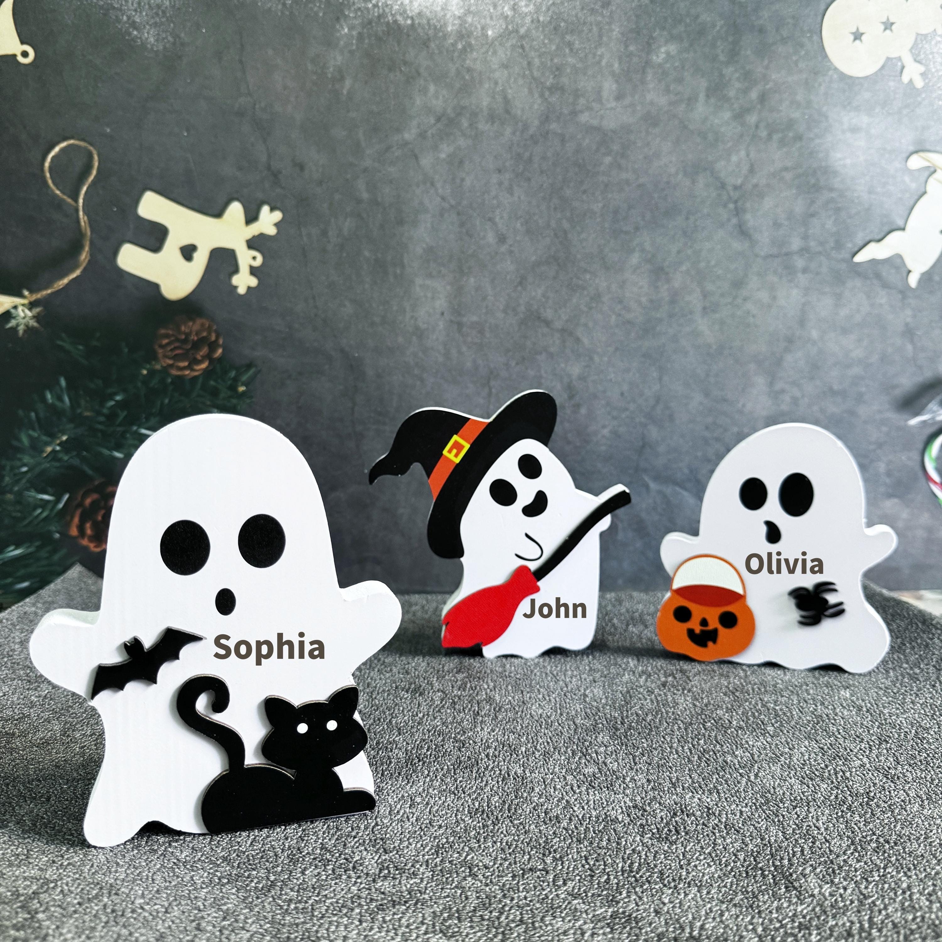 Cute Wooden Halloween Ghost/Pumpkin Desk Ornament,Engraved  Name Gift,Halloween Decor,Halloween Gifts,Home Table Decor,Halloween Party Decor