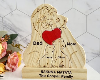 Benutzerdefinierte hölzerne Löwenfamilie Puzzle-Gravur Familienname Puzzle-Familie Andenken Geschenk-Tier Familie-Geschenk für Kinder-Vatertag Geschenk-Holzdekor