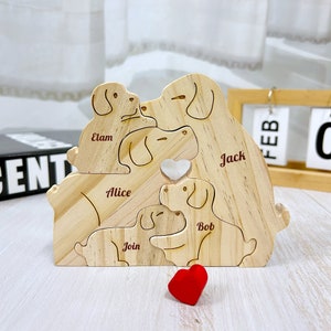 Mother's Day gift, dog family can customize  name, wooden souvenir DIY cartoon puzzle ornament, personalized gift, sustainable material