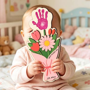 Custom Mother's/Father's Day Handprint Bouquet,DIY 1st Father's Day Handprint Sign,New Dad Gift From Kids,Gift for Dad Mom,Toddler Handprint