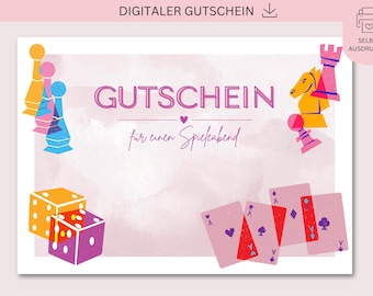 Può includere: Un buono regalo digitale con uno sfondo ad acquerello e illustrazioni a tema gioco. Il design include pezzi degli scacchi, dadi e carte da gioco. Il testo recita "GUTSCHEIN für einen Spieleabend."