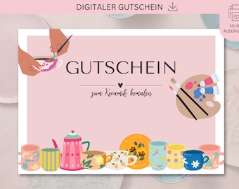 Gutschein zum Ausdrucken, Keramik bemalen, DIY, PDF + JPG Download, Gutschein, Personalisierbar, Editierbar, Geschenk, Geburtstag