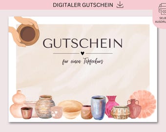 Gutschein zum Ausdrucken, Töpfern, PDF + JPG Download, DIY, Töpfer Kurs, Personalisierbar, Geburtstag, Geburtstagsgeschenk, Muttertag