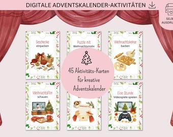 May include: A digital Advent calendar activity set with six illustrated cards. Each card features a different Christmas-themed activity, such as wrapping gifts or baking cookies. The cards are framed with a festive border and include German text.