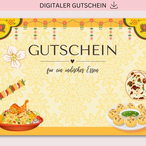 Gutschein zum Ausdrucken, Indisch essen, PDF + JPG Download, Gutschein, Personalisierbar, Geschenk, Geburtstag, Muttertag