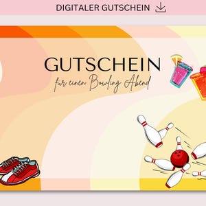 Könnte beinhalten: Ein digitaler Gutschein mit Bowling-Motiv. Das Design zeigt Bowlingkegel, eine rote Bowlingkugel und zwei Cocktails. Der Text "GUTSCHEIN für einen Bowling Abend" ist auf der Karte abgebildet, zusammen mit einem Paar roter Turnschuhe.