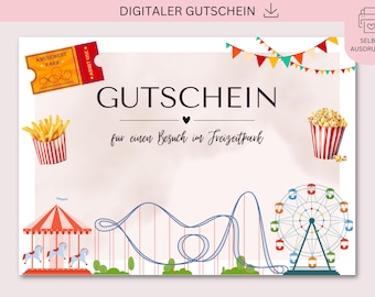 Cupón imprimible, cupón para parque de atracciones, descarga en PDF + JPG, personalizable, regalo de cumpleaños, regalo del Día de la Madre, regalo para mamá