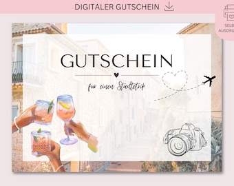 Printable voucher, city break, PDF + JPG download, voucher, gift, birthday present, city break voucher, Mother's Day
