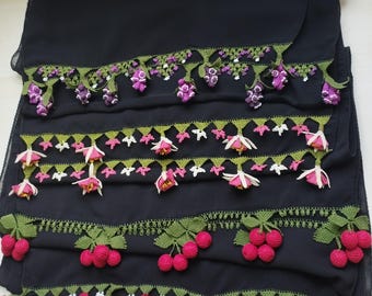 Vintage Turkish Oya Scarf: Handcraft Needle Lace Crochet, Cherry Design