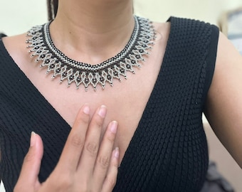 Handmade Beaded Necklace: Grey Seed Bead Collar Handwoven Huichol Beadwork Bib Jewelry