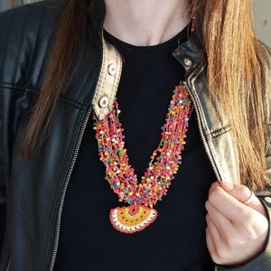 Crochet necklace, traditional Turkish oya necklace,needle lace jewelry, authentic necklace,wooden beaded necklace, gift for women, efe oyası