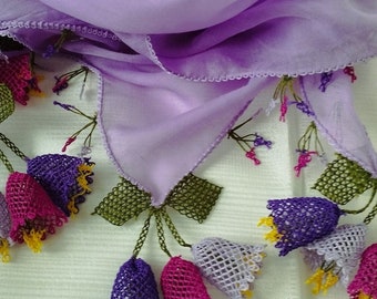 Lilac Turkish Oya Triangle Scarf, Handmade Crochet Tulip Lace, Traditional Headscarf