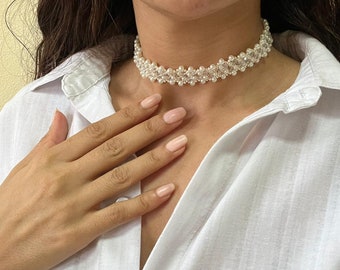 Handmade Faux Pearl Bridal Choker Necklace: Handwoven Lace Necklace, Crystal Glass Bead Collar, gift for Woman