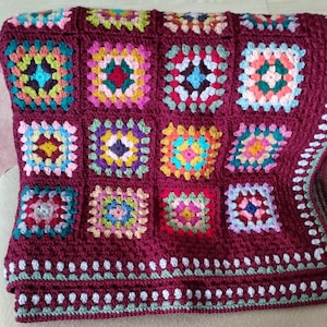 Handmade Crochet Granny Square Blanket: Colorful Cotton Afghan Throw (35x47 inch)
