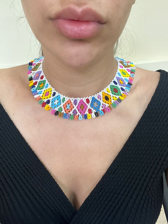 Colourful Beaded Collar Necklace: Handwoven Huichol Beadwork,Native Sylyanka Necklace