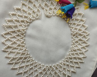 Layered pearl necklace mexican collar necklace hand woven faux pearl necklace wedding gift bridal jewelry dress choker huichol necklace